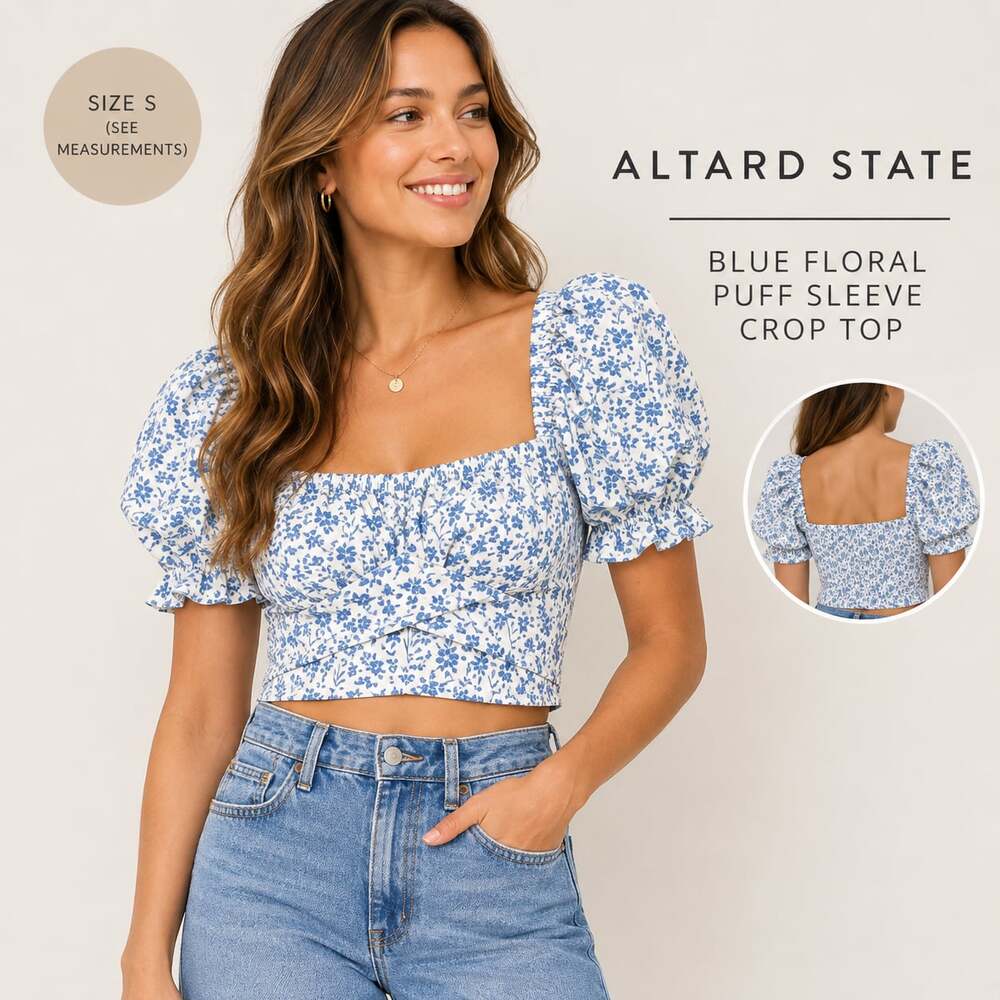 Altar'd State Blue & White Floral Puff Sleeve Cropped Top Cottagecore Small